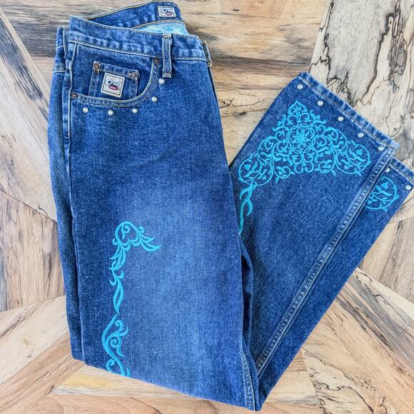 Cruel Girl, Women's 15, Low Rise Relaxed Fit Studded Turquoise Embroidered Jeans - Picture 4 of 13